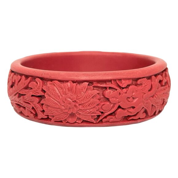 Carved Red Cinnabar Dragon Lotus Flower Bangle Bracelet 7.5in Asian - Picture 1 of 12
